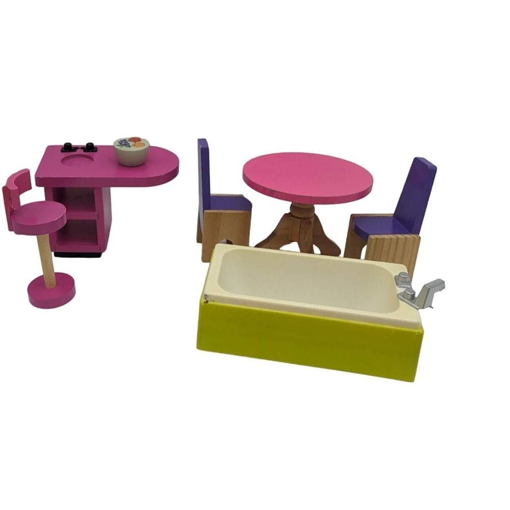 KidKraft Dollhouse‎ Furniture Set Pink Wood Table Chairs Island Stool Bathtub